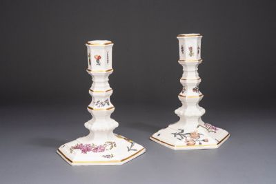 Meissen pair of hexagonal shaped candlesticks with woodcut flowers in the style of Gottfried Klinger