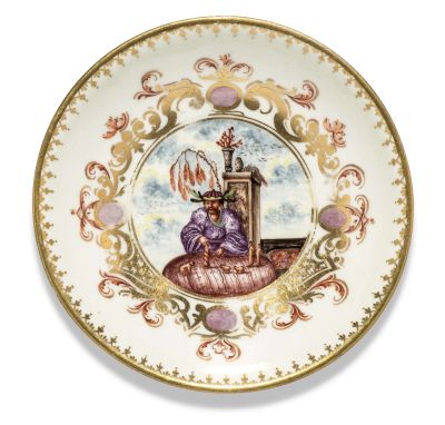 Very rare Böttger porcelain saucer with the earliest Höroldt painting